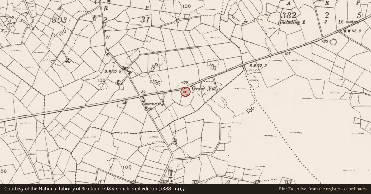 Ordnance Survey six-inch map, 2nd edition (1888–1915) covering the location of Cross-slab, Toomore, County Mayo, with a pin at the register's coordinates