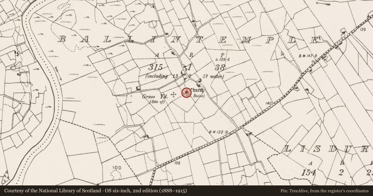 Ordnance Survey six-inch map, 2nd edition (1888–1915) covering the location of Church, Ballintemple, County Mayo, with a pin at the register's coordinates