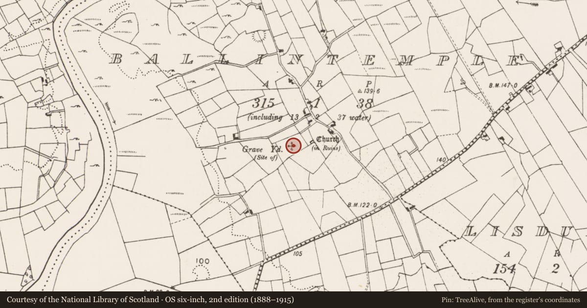 Ordnance Survey six-inch map, 2nd edition (1888–1915) covering the location of Graveyard, Ballintemple, County Mayo, with a pin at the register's coordinates