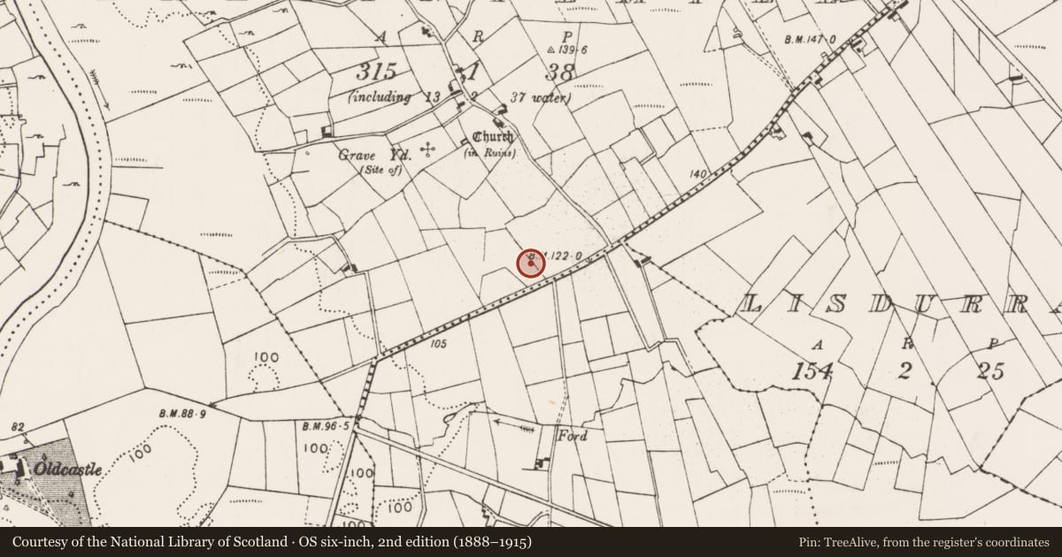 Ordnance Survey six-inch map, 2nd edition (1888–1915) covering the location of Enclosure, Ballintemple, County Mayo, with a pin at the register's coordinates