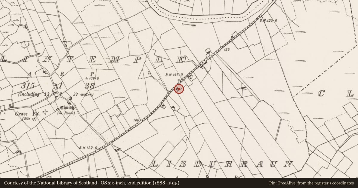 Ordnance Survey six-inch map, 2nd edition (1888–1915) covering the location of Enclosure, Lisdurraun, County Mayo, with a pin at the register's coordinates