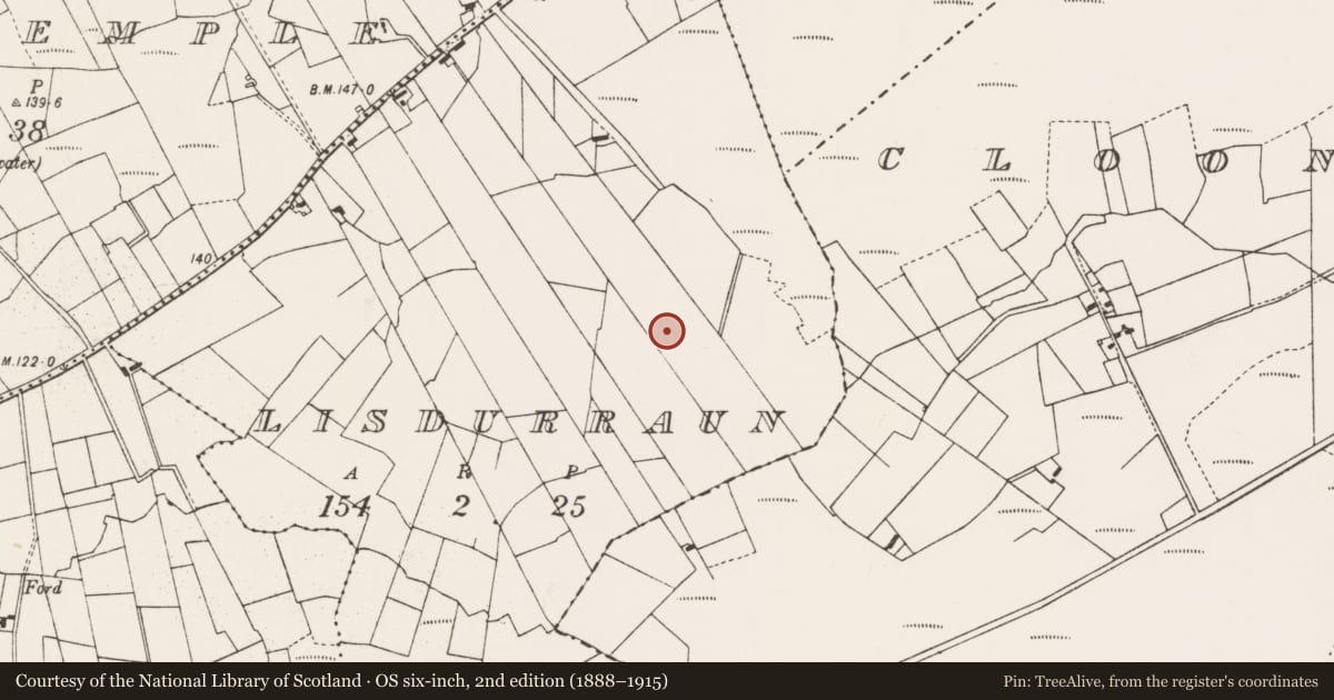 Ordnance Survey six-inch map, 2nd edition (1888–1915) covering the location of Enclosure, Lisdurraun, County Mayo, with a pin at the register's coordinates