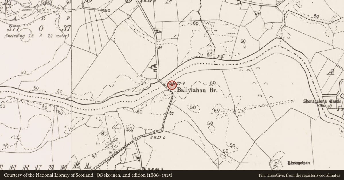 Ordnance Survey six-inch map, 2nd edition (1888–1915) covering the location of Bridge, Ballylahan, Ummoon, County Mayo, with a pin at the register's coordinates