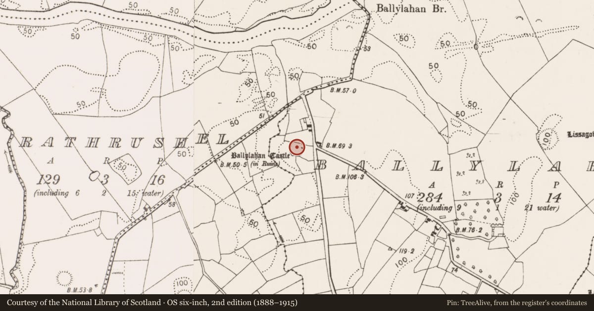 Ordnance Survey six-inch map, 2nd edition (1888–1915) covering the location of Building, Ballylahan, County Mayo, with a pin at the register's coordinates