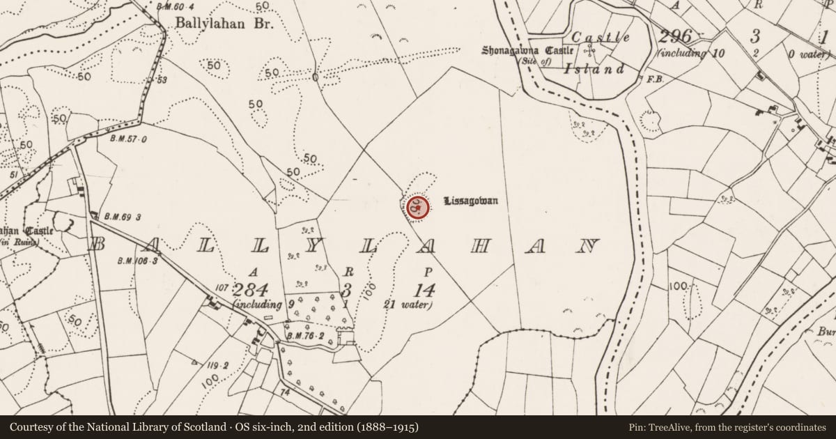 Ordnance Survey six-inch map, 2nd edition (1888–1915) covering the location of Ringfort - rath, Ballylahan, County Mayo, with a pin at the register's coordinates