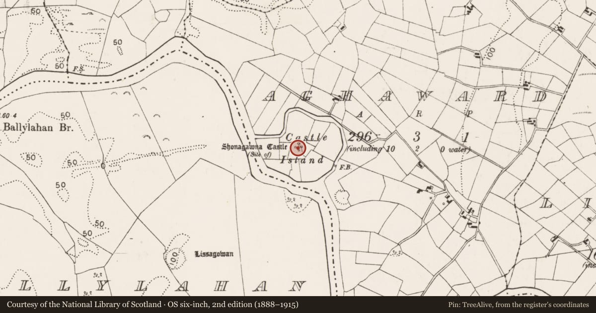 Ordnance Survey six-inch map, 2nd edition (1888–1915) covering the location of Castle - unclassified, Aghaward, County Mayo, with a pin at the register's coordinates