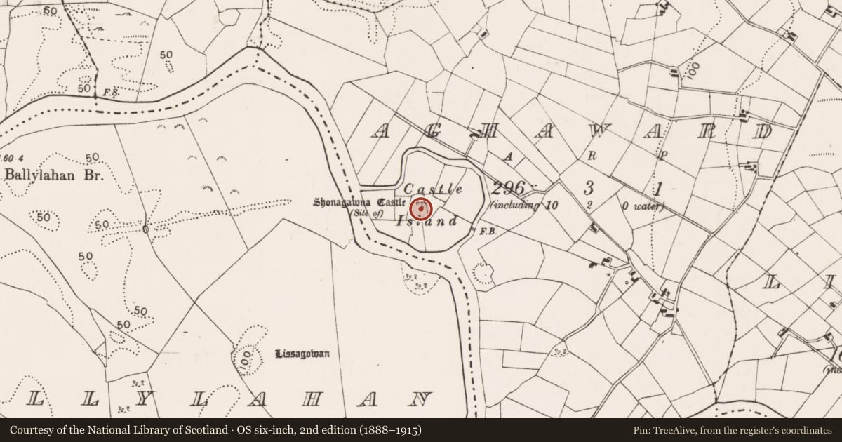 Ordnance Survey six-inch map, 2nd edition (1888–1915) covering the location of Earthwork, Aghaward, County Mayo, with a pin at the register's coordinates