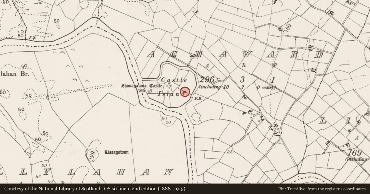 Ordnance Survey six-inch map, 2nd edition (1888–1915) covering the location of Ringfort - rath, Aghaward, County Mayo, with a pin at the register's coordinates