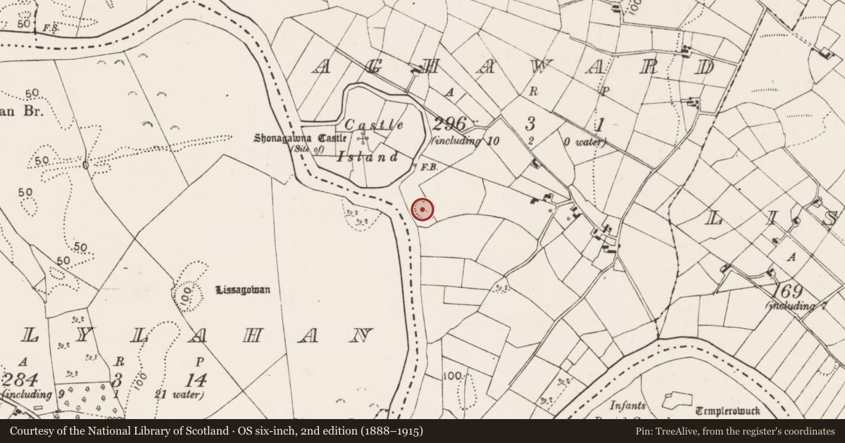 Ordnance Survey six-inch map, 2nd edition (1888–1915) covering the location of Enclosure, Aghaward, County Mayo, with a pin at the register's coordinates