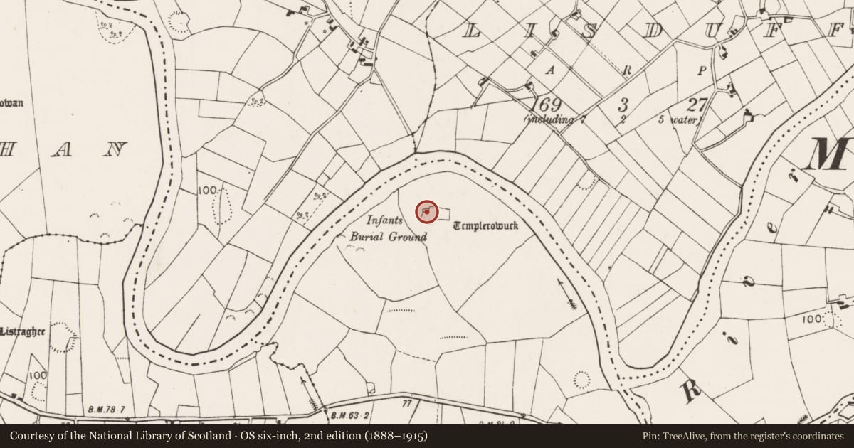 Ordnance Survey six-inch map, 2nd edition (1888–1915) covering the location of Church, Carrowgallda, County Mayo, with a pin at the register's coordinates