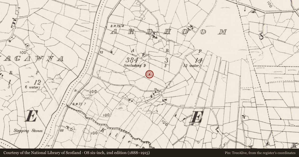 Ordnance Survey six-inch map, 2nd edition (1888–1915) covering the location of Enclosure, Ardhoom, County Mayo, with a pin at the register's coordinates