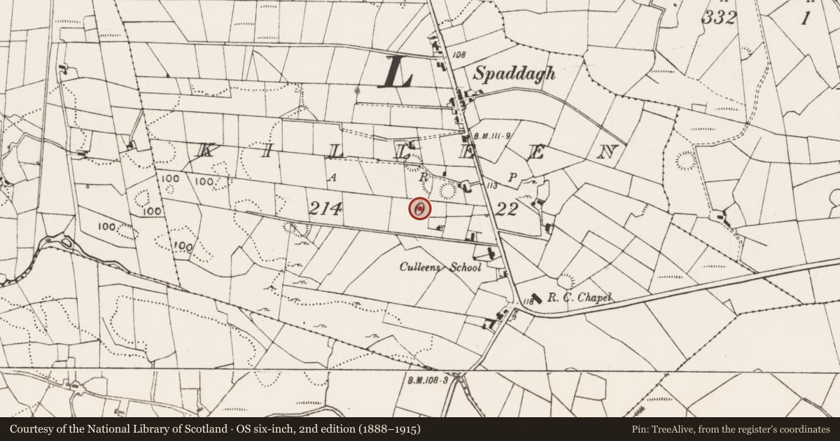 Ordnance Survey six-inch map, 2nd edition (1888–1915) covering the location of Enclosure, Killeen (Gallen By., Meelick Par.), County Mayo, with a pin at the register's coordinates
