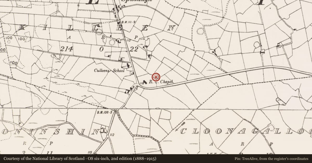Ordnance Survey six-inch map, 2nd edition (1888–1915) covering the location of Ringfort - rath, Killeen (Gallen By., Meelick Par.), County Mayo, with a pin at the register's coordinates