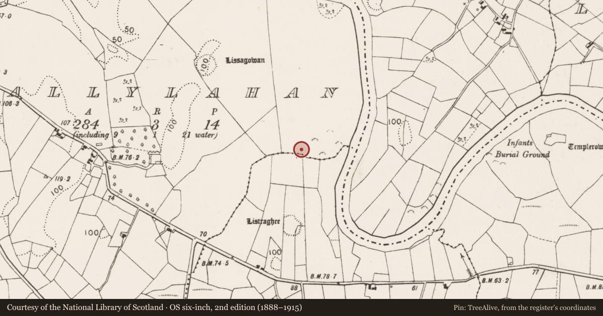 Ordnance Survey six-inch map, 2nd edition (1888–1915) covering the location of Fulacht fia, Ballylahan, County Mayo, with a pin at the register's coordinates