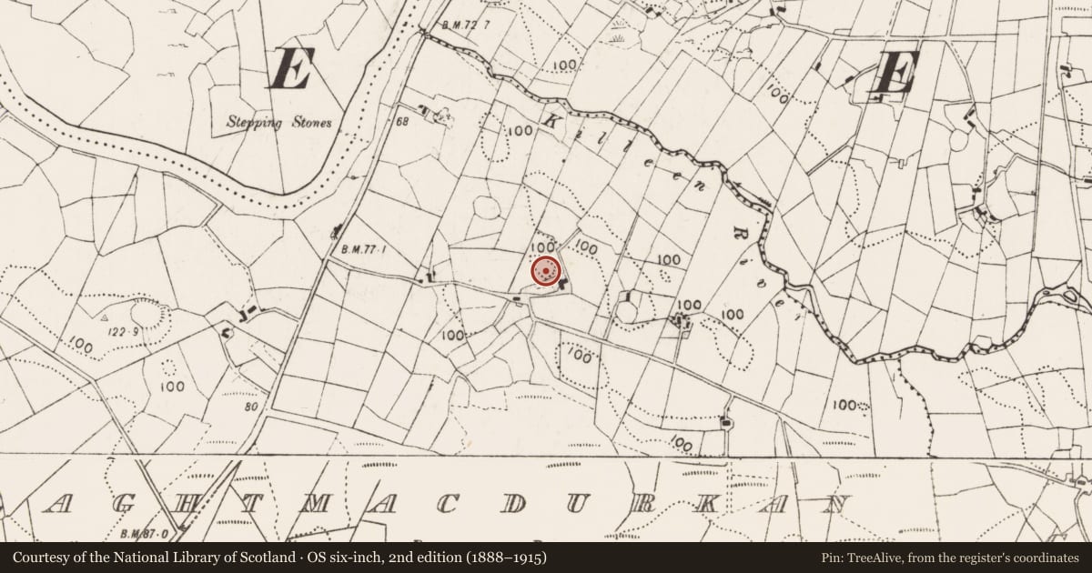 Ordnance Survey six-inch map, 2nd edition (1888–1915) covering the location of Standing stone, Laghtmacdurkan, County Mayo, with a pin at the register's coordinates