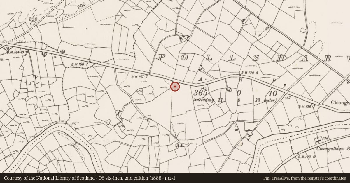 Ordnance Survey six-inch map, 2nd edition (1888–1915) covering the location of Fulacht fia, Pollsharvoge, County Mayo, with a pin at the register's coordinates
