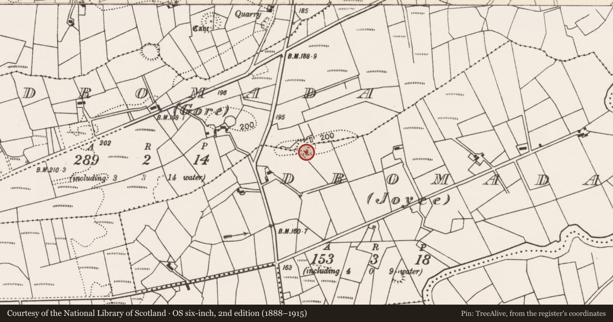 Ordnance Survey six-inch map, 2nd edition (1888–1915) covering the location of Enclosure, Dromada (Gore), Dromada (Joyce), County Mayo, with a pin at the register's coordinates