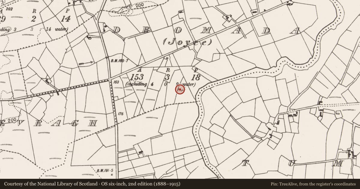 Ordnance Survey six-inch map, 2nd edition (1888–1915) covering the location of Ringfort - rath, Dromada (Joyce), County Mayo, with a pin at the register's coordinates