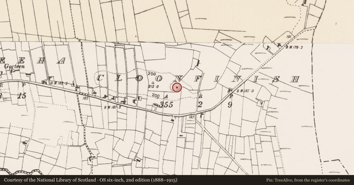 Ordnance Survey six-inch map, 2nd edition (1888–1915) covering the location of House - indeterminate date, Cloonfinish, County Mayo, with a pin at the register's coordinates