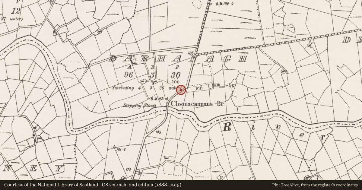 Ordnance Survey six-inch map, 2nd edition (1888–1915) covering the location of Ringfort - rath, Darhanagh, County Mayo, with a pin at the register's coordinates