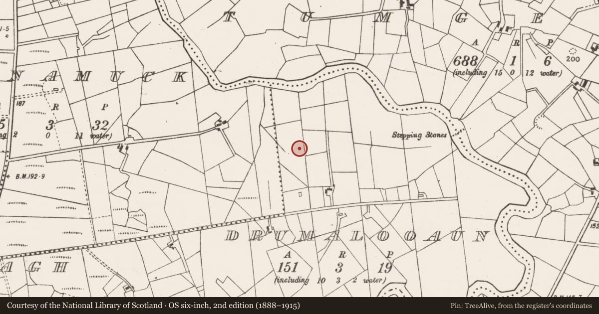 Ordnance Survey six-inch map, 2nd edition (1888–1915) covering the location of Enclosure, Drumalooaun, County Mayo, with a pin at the register's coordinates
