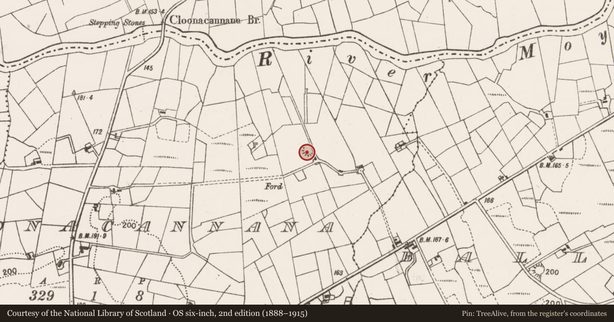 Ordnance Survey six-inch map, 2nd edition (1888–1915) covering the location of Ringfort - rath, Cloonacannana, County Mayo, with a pin at the register's coordinates