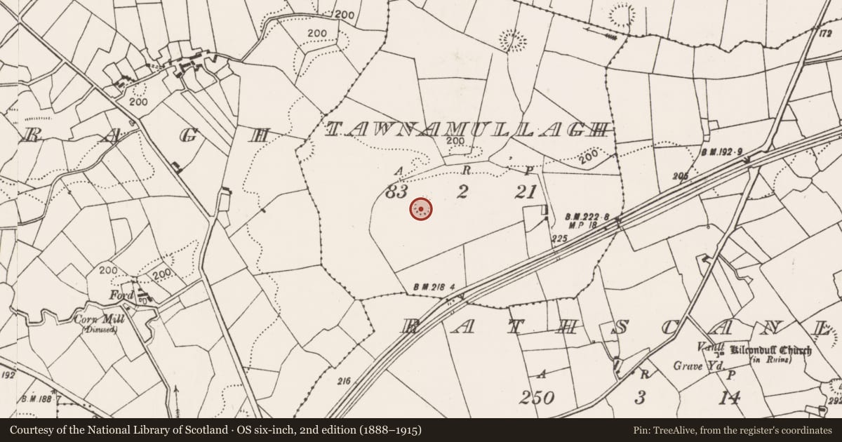 Ordnance Survey six-inch map, 2nd edition (1888–1915) covering the location of Ringfort - rath, Tawnamullagh, County Mayo, with a pin at the register's coordinates