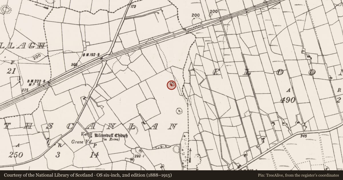 Ordnance Survey six-inch map, 2nd edition (1888–1915) covering the location of Enclosure, Rathscanlan, County Mayo, with a pin at the register's coordinates