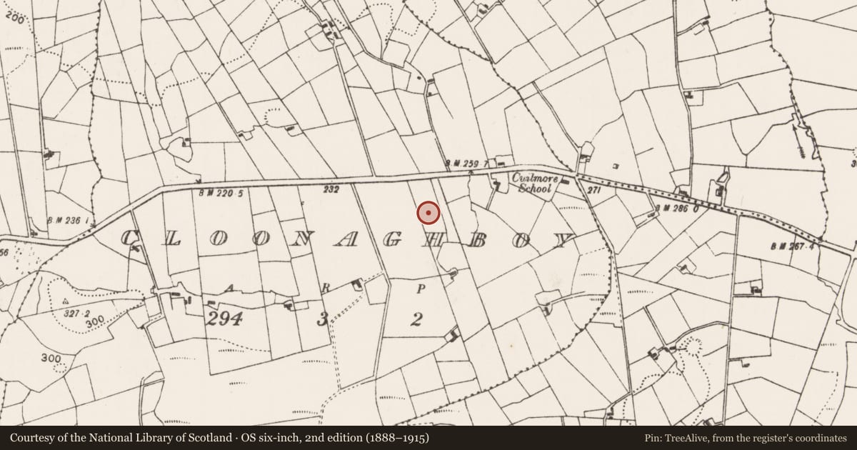Ordnance Survey six-inch map, 2nd edition (1888–1915) covering the location of Enclosure, Cloonaghboy, County Mayo, with a pin at the register's coordinates