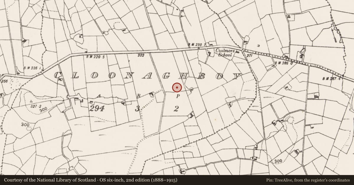 Ordnance Survey six-inch map, 2nd edition (1888–1915) covering the location of Children's burial ground, Cloonaghboy, County Mayo, with a pin at the register's coordinates