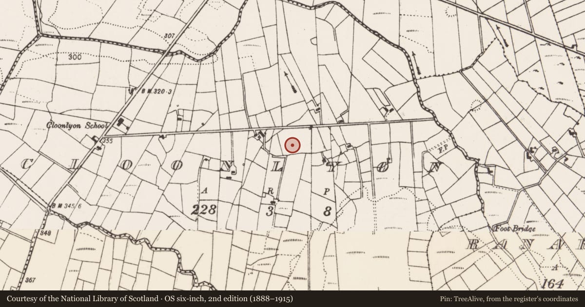 Ordnance Survey six-inch map, 2nd edition (1888–1915) covering the location of Enclosure, Cloonlyon, County Mayo, with a pin at the register's coordinates