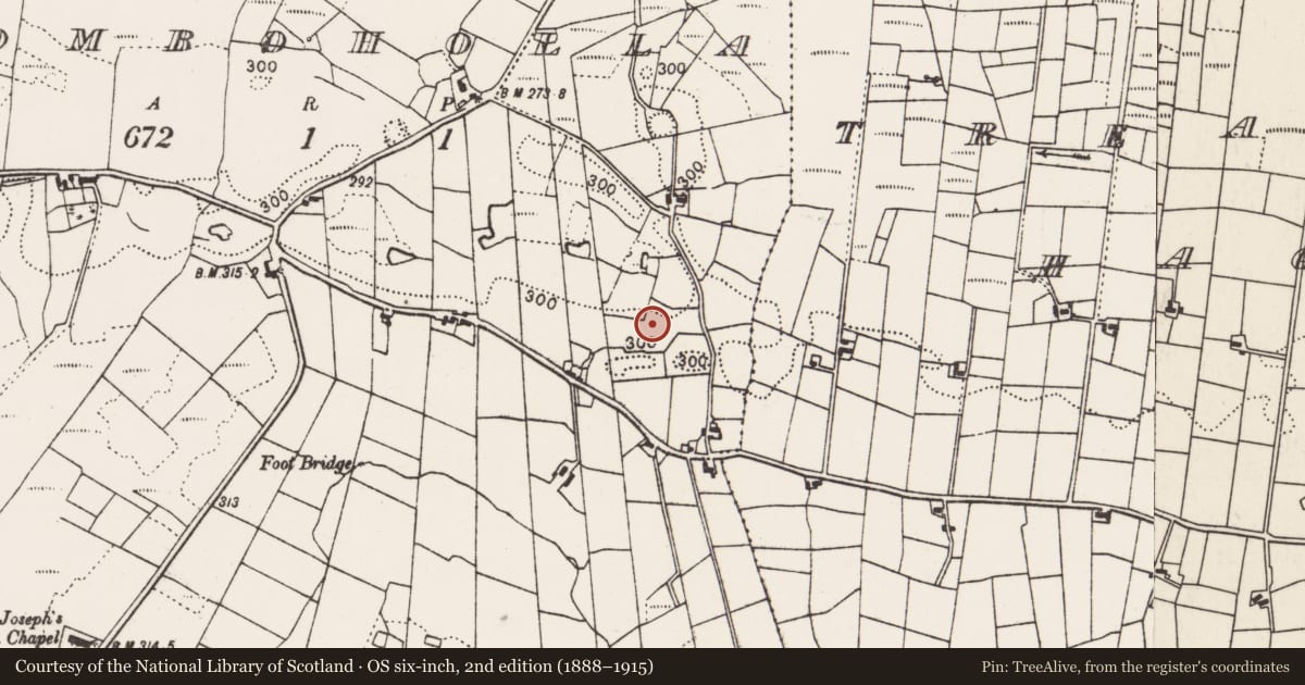 Ordnance Survey six-inch map, 2nd edition (1888–1915) covering the location of Enclosure, Tomboholla, County Mayo, with a pin at the register's coordinates