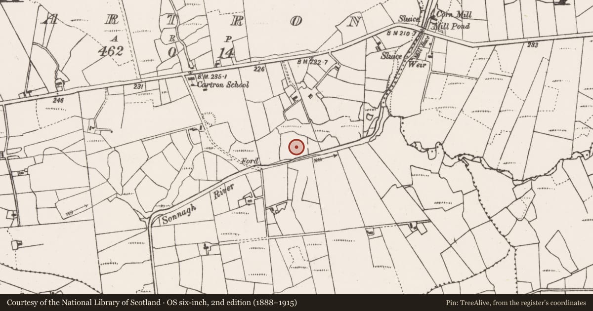 Ordnance Survey six-inch map, 2nd edition (1888–1915) covering the location of Metalworking site, Cartron (Costello By., Kilbeagh Par.), County Mayo, with a pin at the register's coordinates