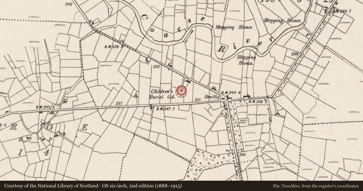 Ordnance Survey six-inch map, 2nd edition (1888–1915) covering the location of Children's burial ground, Tonnagh, County Mayo, with a pin at the register's coordinates