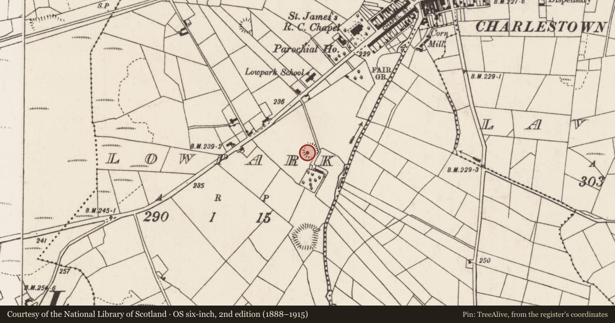 Ordnance Survey six-inch map, 2nd edition (1888–1915) covering the location of Children's burial ground, Lowpark, County Mayo, with a pin at the register's coordinates