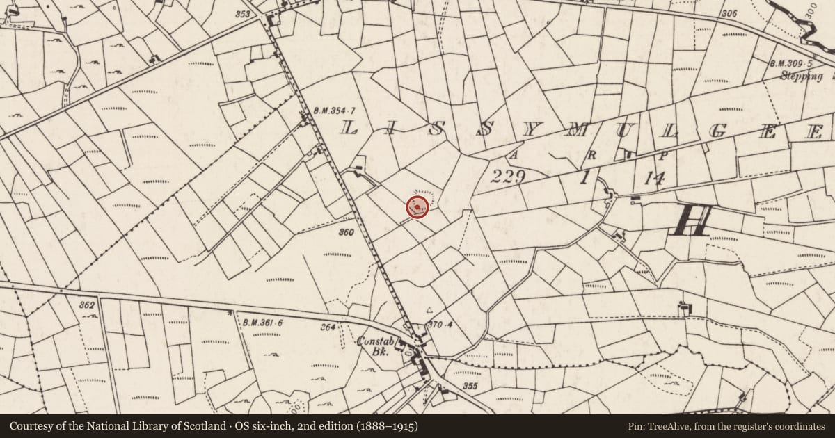 Ordnance Survey six-inch map, 2nd edition (1888–1915) covering the location of Souterrain, Lissymulgee, County Mayo, with a pin at the register's coordinates