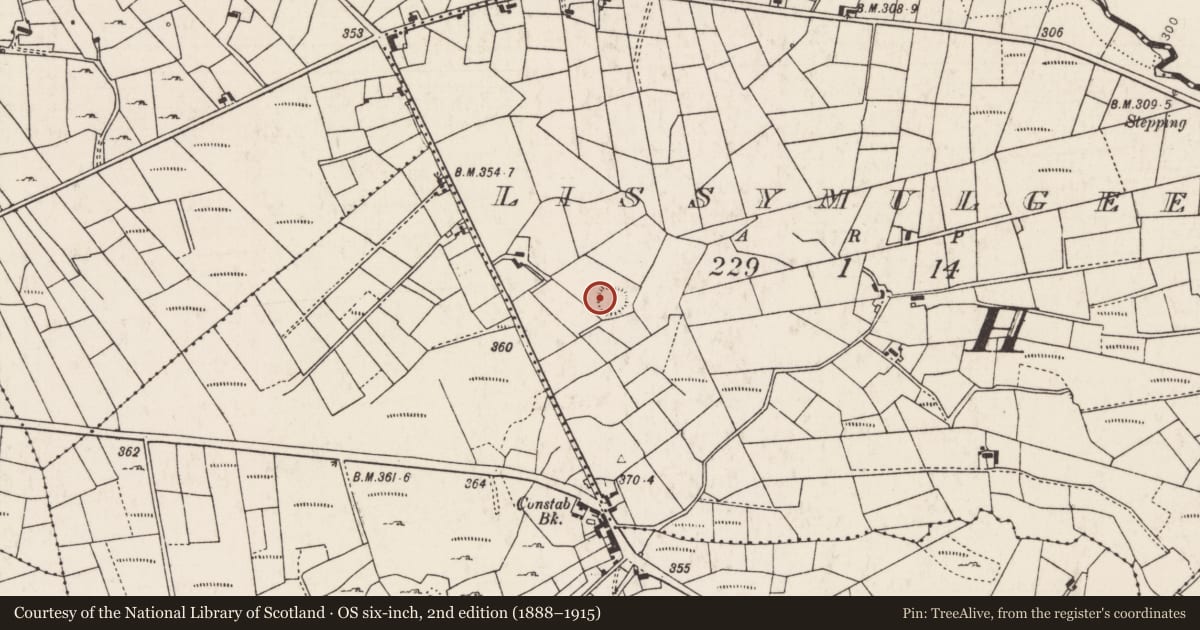 Ordnance Survey six-inch map, 2nd edition (1888–1915) covering the location of Souterrain, Lissymulgee, County Mayo, with a pin at the register's coordinates