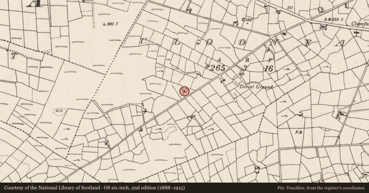 Ordnance Survey six-inch map, 2nd edition (1888–1915) covering the location of Souterrain, Cloonfane, County Mayo, with a pin at the register's coordinates
