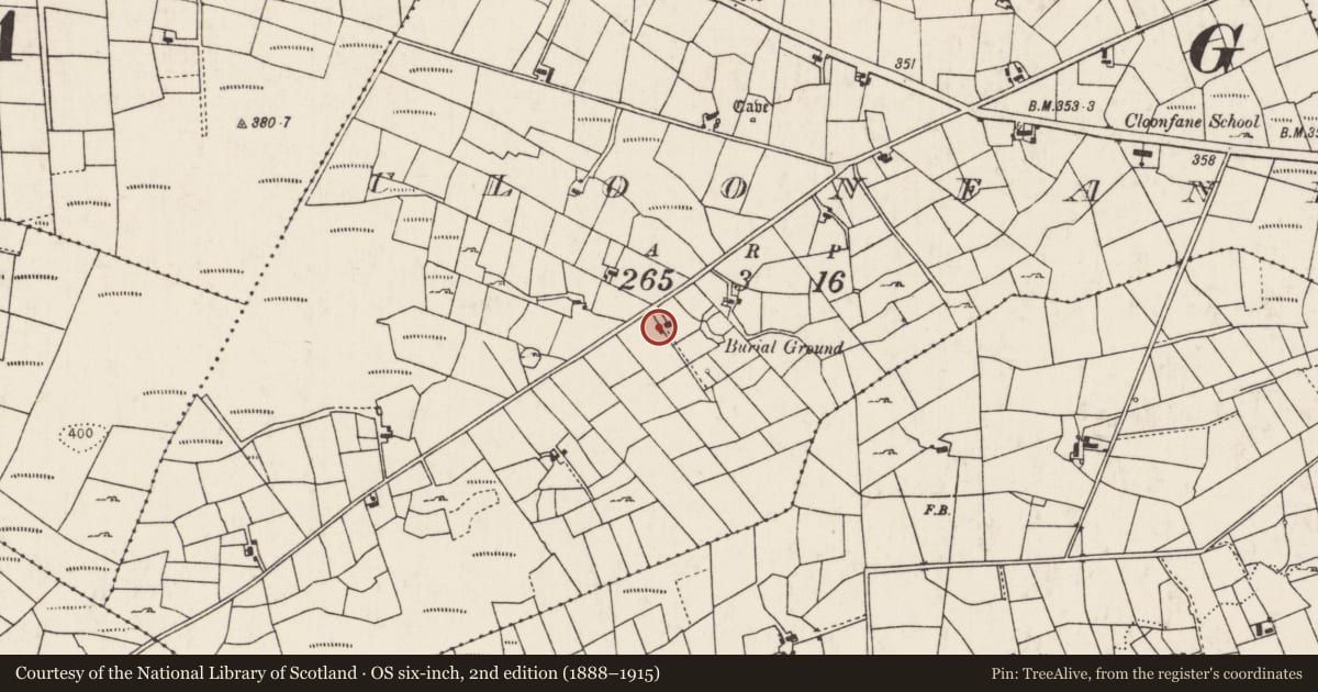 Ordnance Survey six-inch map, 2nd edition (1888–1915) covering the location of Mound, Cloonfane, County Mayo, with a pin at the register's coordinates