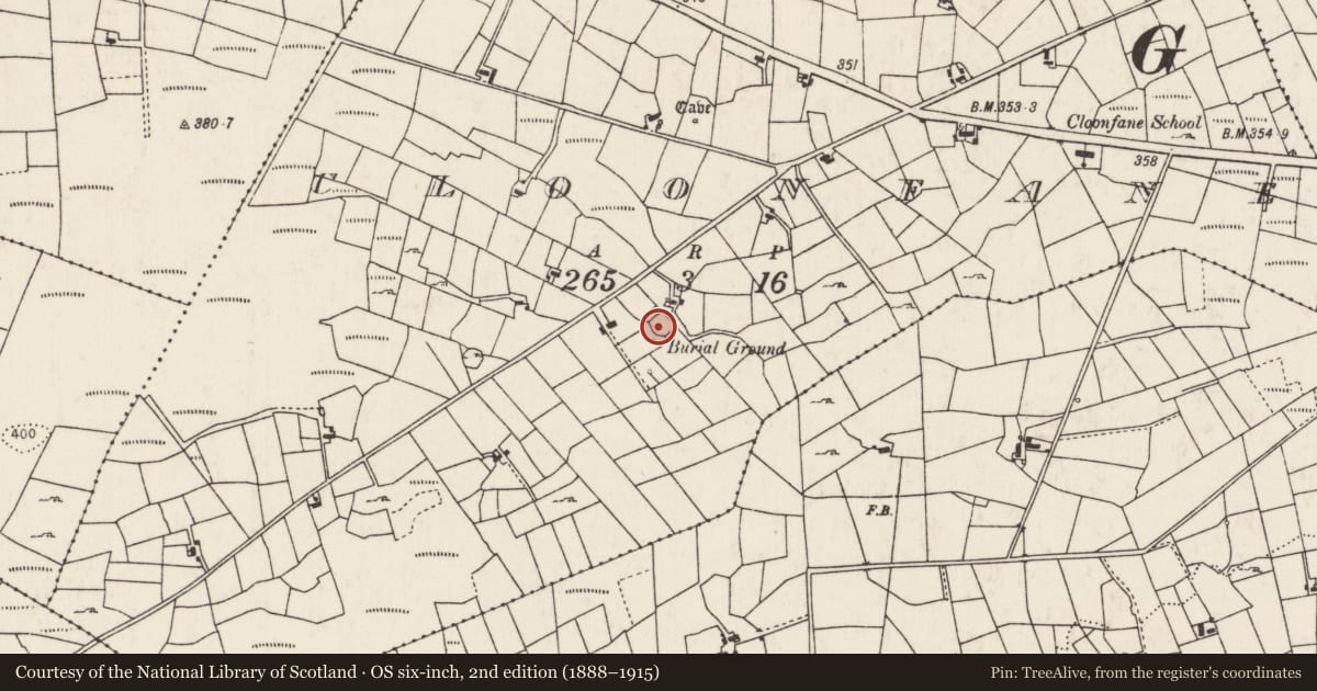 Ordnance Survey six-inch map, 2nd edition (1888–1915) covering the location of Burial ground, Cloonfane, County Mayo, with a pin at the register's coordinates