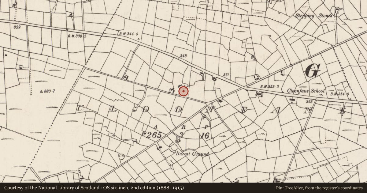 Ordnance Survey six-inch map, 2nd edition (1888–1915) covering the location of Souterrain, Cloonfane, County Mayo, with a pin at the register's coordinates