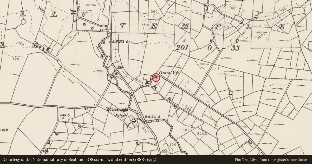 Ordnance Survey six-inch map, 2nd edition (1888–1915) covering the location of Church, Temple, County Mayo, with a pin at the register's coordinates