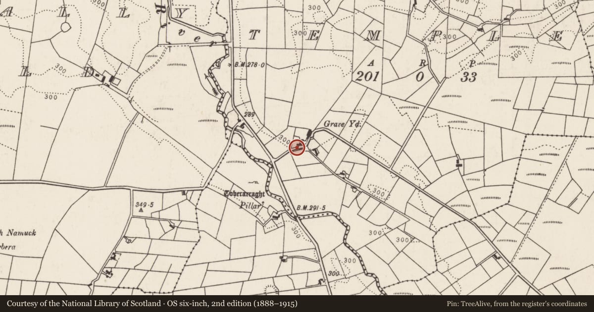 Ordnance Survey six-inch map, 2nd edition (1888–1915) covering the location of Ritual site - holy/saint's stone, Temple, County Mayo, with a pin at the register's coordinates