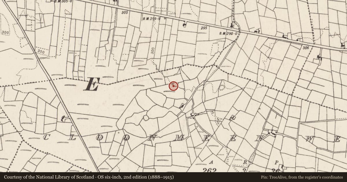 Ordnance Survey six-inch map, 2nd edition (1888–1915) covering the location of Enclosure, Cloonmeen West, County Mayo, with a pin at the register's coordinates