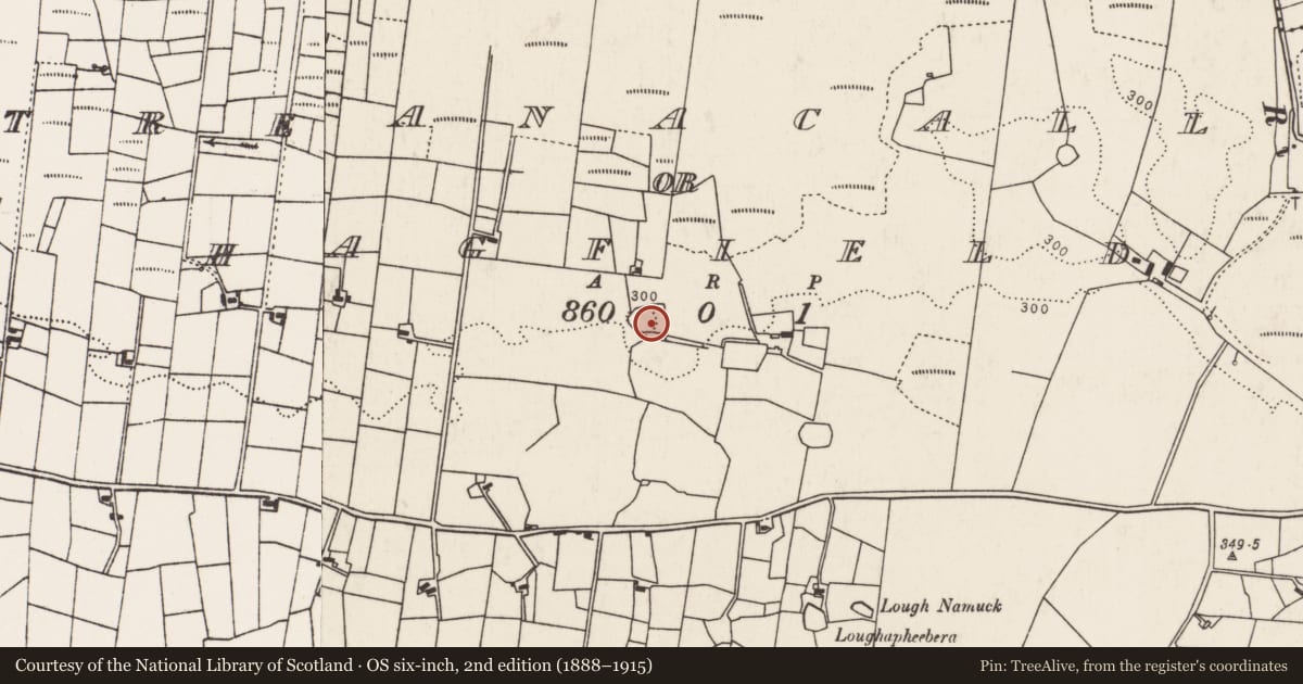 Ordnance Survey six-inch map, 2nd edition (1888–1915) covering the location of Enclosure, Treanacally Or Hagfield, County Mayo, with a pin at the register's coordinates