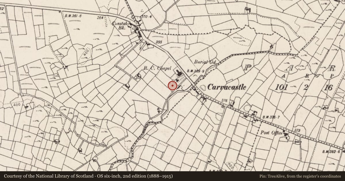 Ordnance Survey six-inch map, 2nd edition (1888–1915) covering the location of Standing stone, Cashelduff, County Mayo, with a pin at the register's coordinates