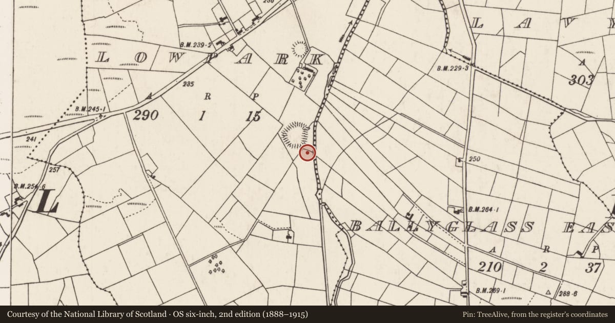 Ordnance Survey six-inch map, 2nd edition (1888–1915) covering the location of Burnt spread, Lowpark, County Mayo, with a pin at the register's coordinates