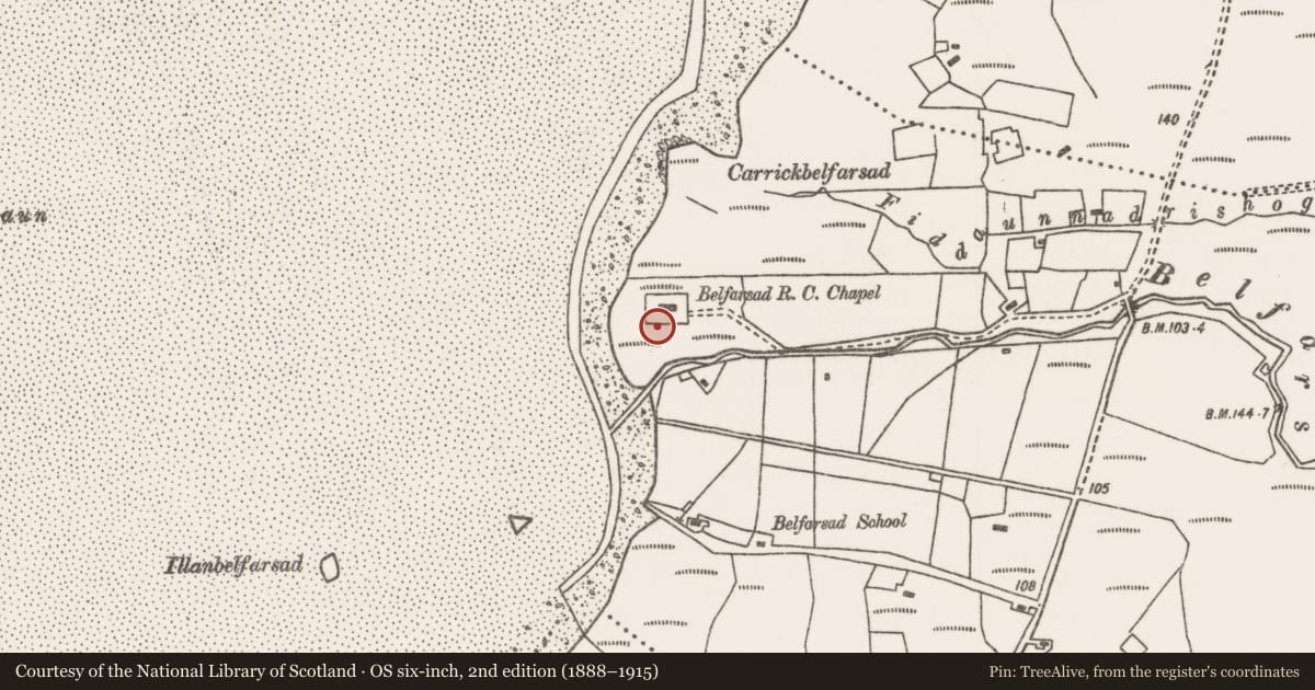 Ordnance Survey six-inch map, 2nd edition (1888–1915) covering the location of Church, Béal Feirste, County Mayo, with a pin at the register's coordinates