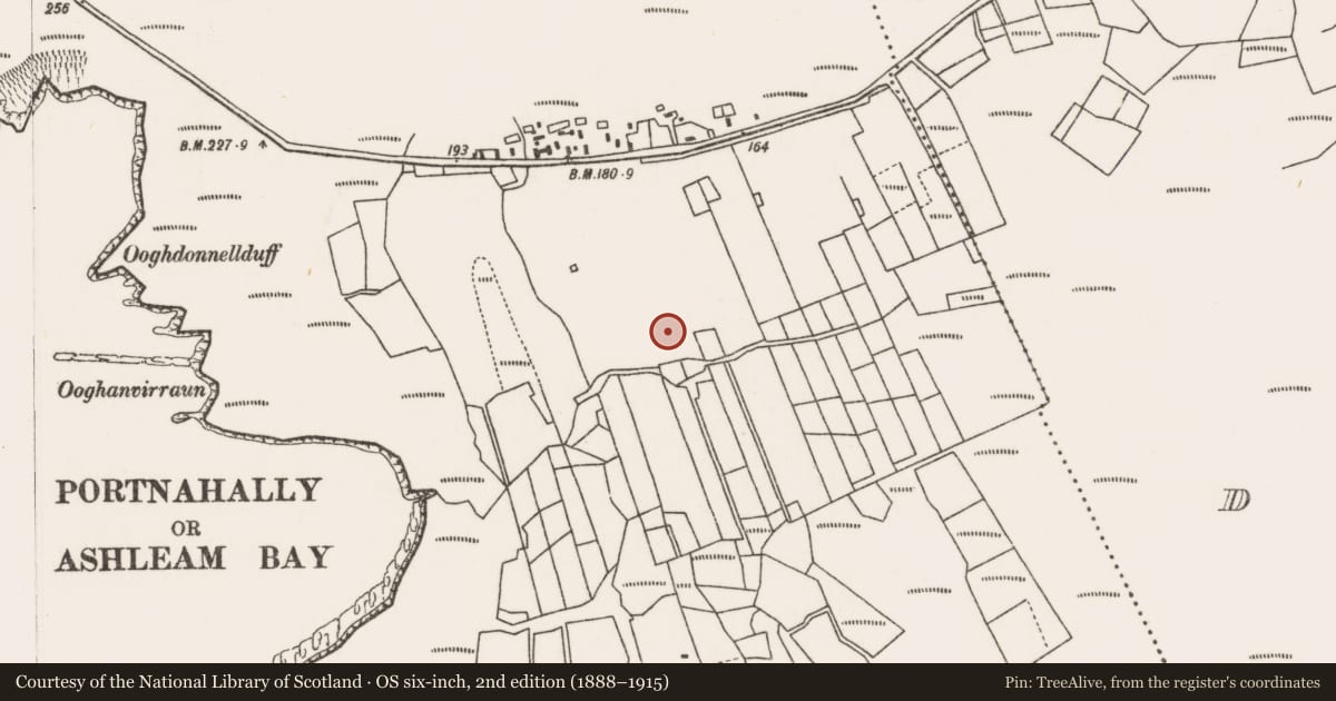 Ordnance Survey six-inch map, 2nd edition (1888–1915) covering the location of Enclosure, Dumha Éige, County Mayo, with a pin at the register's coordinates