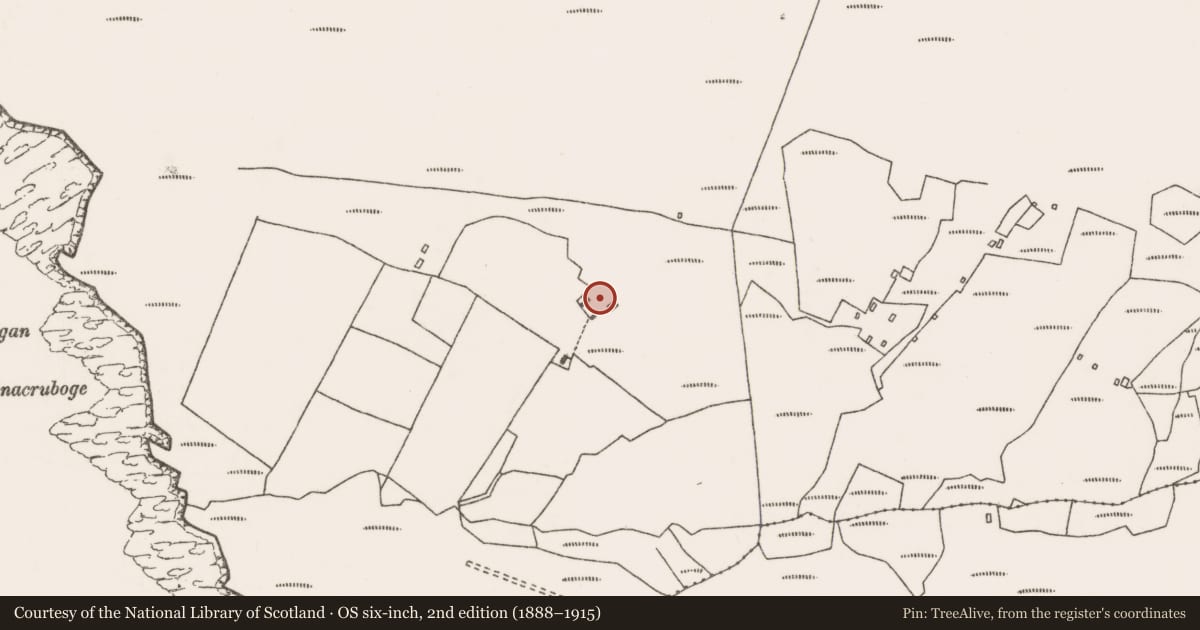 Ordnance Survey six-inch map, 2nd edition (1888–1915) covering the location of Settlement cluster, Dumha Éige, County Mayo, with a pin at the register's coordinates